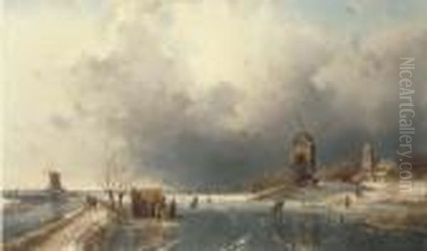 Skaters In A Winter Landscape Oil Painting by Charles Henri Leickert