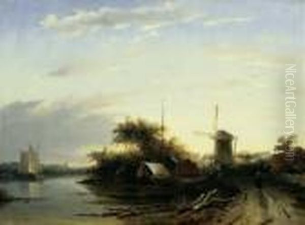 Abendstimmung Am Wasser. 
Signiert Unten Links: Ch. Leickert F. Ol Auf Holz. H 37; B 49,5 Cm. Oil Painting by Charles Henri Leickert