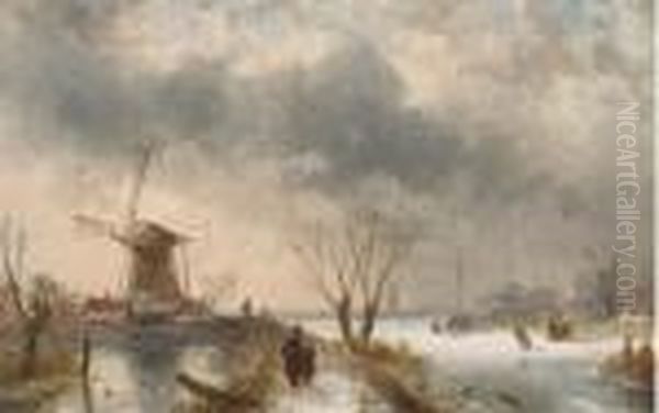 A Frozen Winter Landscape Oil Painting by Charles Henri Leickert