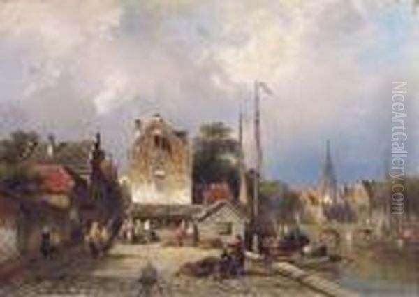 Daily Activities On A Quay In A Dutch Town Oil Painting by Charles Henri Leickert