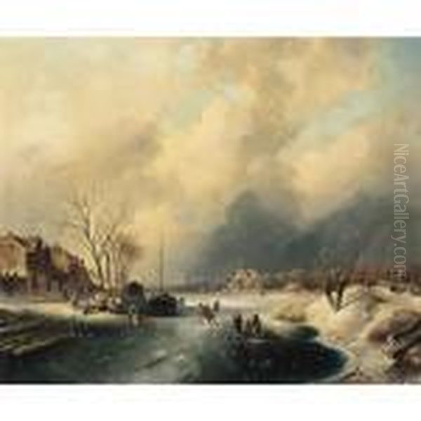 Figures On The Ice By A Dutch Town Oil Painting by Charles Henri Leickert