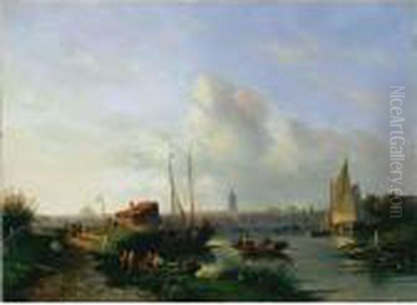 A River Landscape With Figures In Rowing Boats, A Town Beyond Oil Painting by Charles Henri Leickert