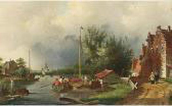 A Summer Landscape With Boats On A River Oil Painting by Charles Henri Leickert