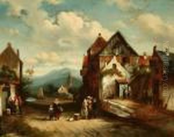 Attributed To Charles H. J. Leickert . Villagers On Street Oil Painting by Charles Henri Leickert