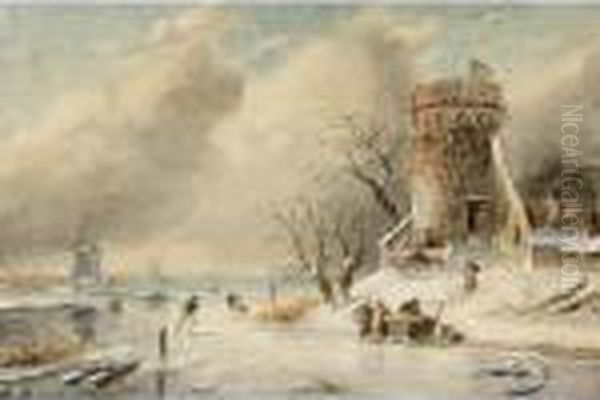 A Winter Landscape With Skaters On The Ice Oil Painting by Charles Henri Leickert