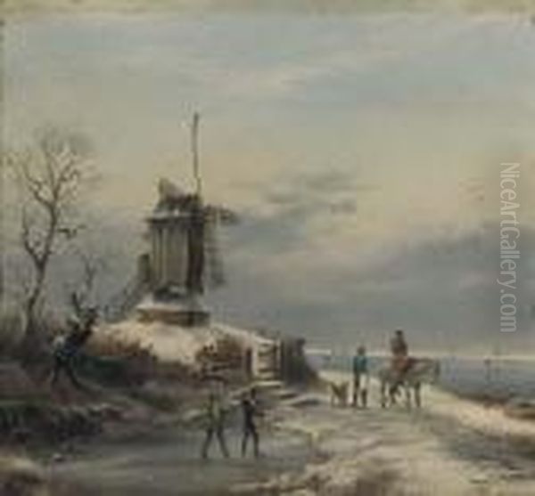 Figures At A Windmill By A Frozen Waterway Oil Painting by Charles Henri Leickert