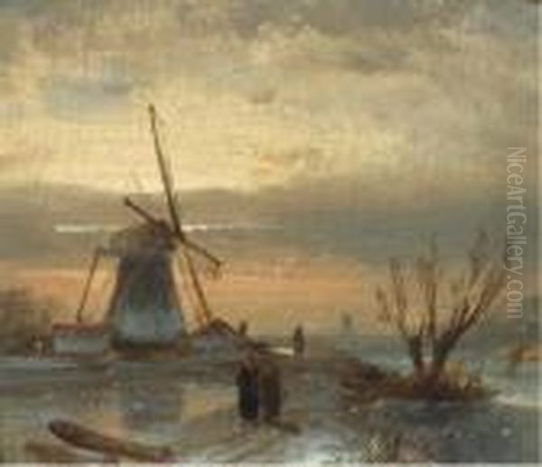 Winter Evening Oil Painting by Charles Henri Leickert