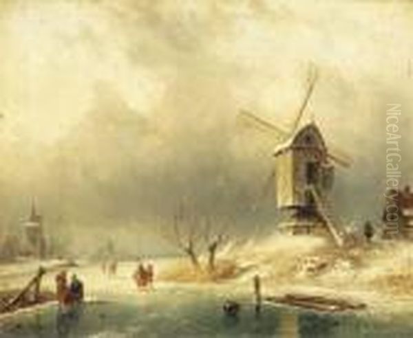 Winter: Figures On The Ice By A Windmill Oil Painting by Charles Henri Leickert