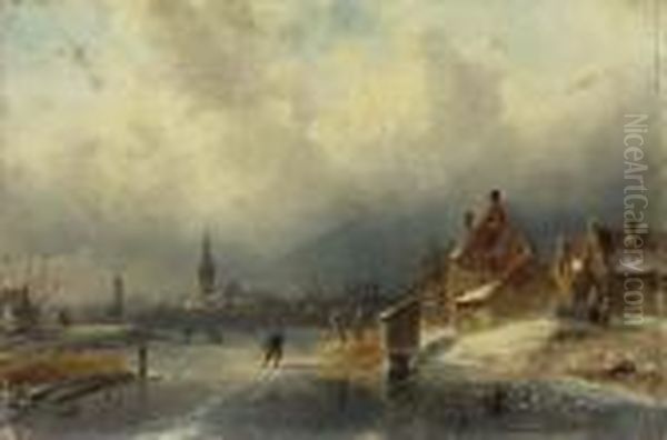 Figures On The Ice By A Dutch Town Oil Painting by Charles Henri Leickert