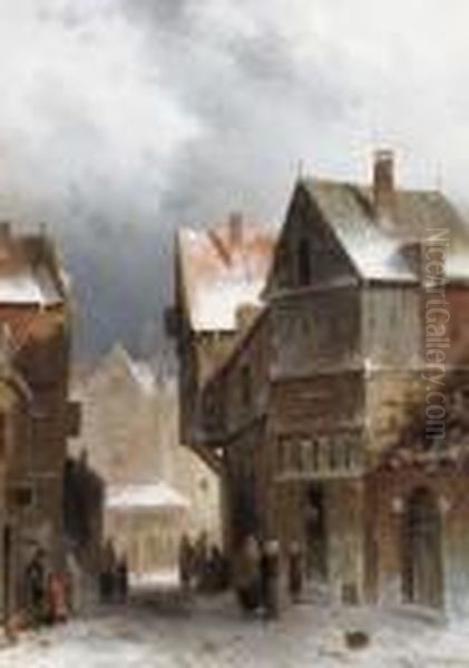 Figures On A Street In Winter Oil Painting by Charles Henri Leickert