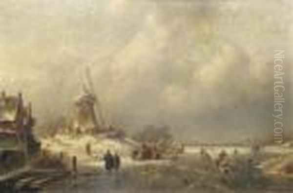 Figures And A Koek En Zopie On The Ice By A Windmill Oil Painting by Charles Henri Leickert