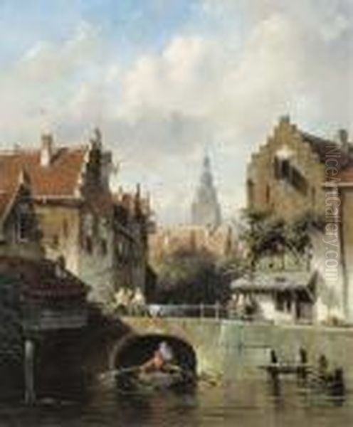 View Of A Canal In A Dutch Town Oil Painting by Charles Henri Leickert