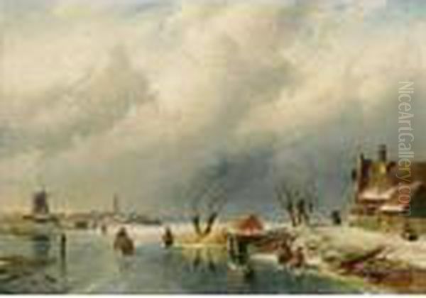 Skaters On A Frozen Waterway Oil Painting by Charles Henri Leickert