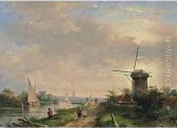 A Summer Landscape With Figures Walking Along A Waterway Oil Painting by Charles Henri Leickert