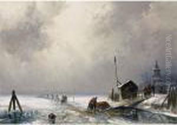 Winter Landscape With Figures On The Ice Oil Painting by Charles Henri Leickert