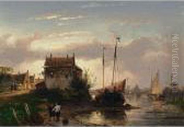 A Town By A River At Dusk Oil Painting by Charles Henri Leickert