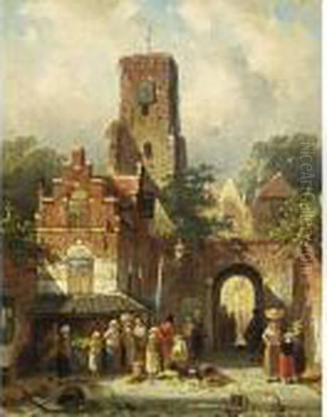 Figures By A Market Stall Oil Painting by Charles Henri Leickert