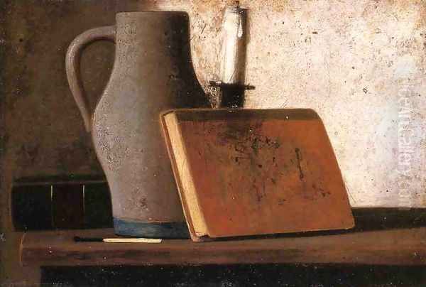 Still Life with Pitcher, Candlestock, Books and Match Oil Painting by John Frederick Peto