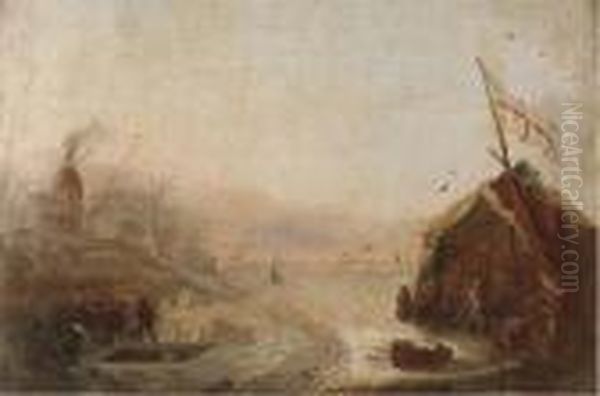 Figures Fishing Through The Ice By An Encampment On Awaterway Oil Painting by Charles Henri Leickert