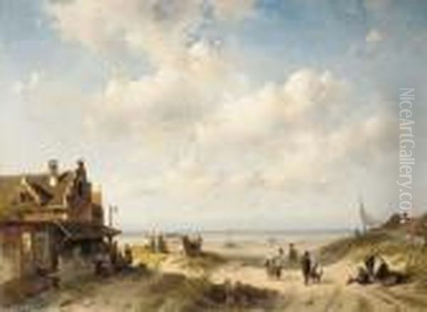 Villagers Gathered At The Beach Oil Painting by Charles Henri Leickert