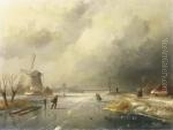 Skaters On A Frozen River Oil Painting by Charles Henri Leickert