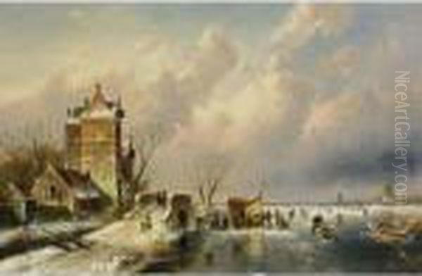 Skaters On The Ice Near A 'koek En Zopie' Oil Painting by Charles Henri Leickert