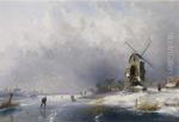 A Winter Landscape With Skaters By A Mill Oil Painting by Charles Henri Leickert