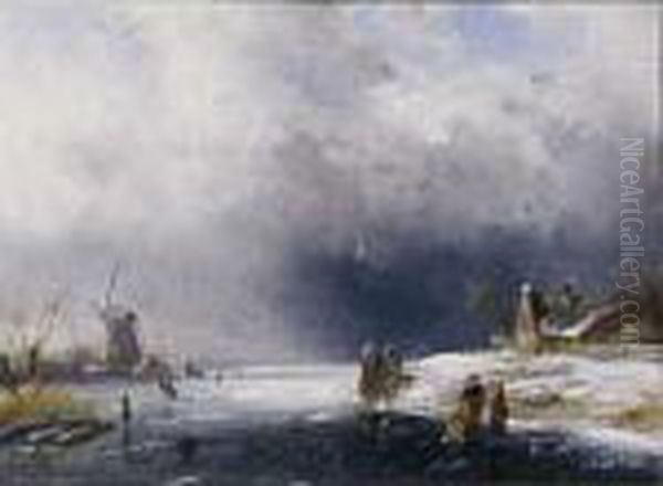 A Winter Landscape With Figures On The Ice Oil Painting by Charles Henri Leickert