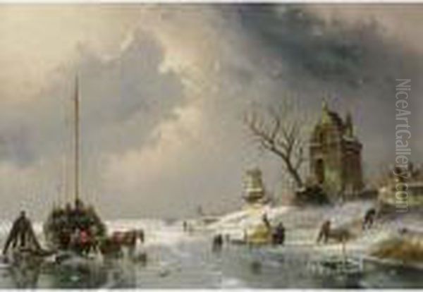 Figures Loading A Horse-drawn Cart On The Ice Oil Painting by Charles Henri Leickert