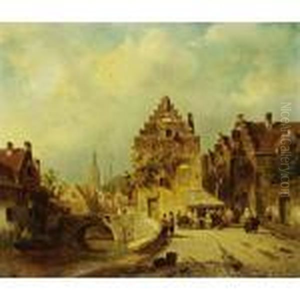 Villagers In The Streets Of A Dutch Town Oil Painting by Charles Henri Leickert