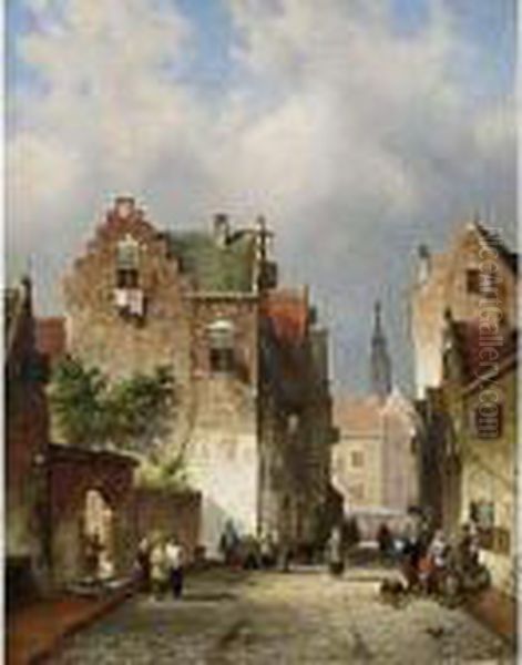 Townsfolk In A Busy Street Oil Painting by Charles Henri Leickert