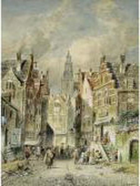 A View Of The Jewish Quarter, Amsterdam Oil Painting by Charles Henri Leickert