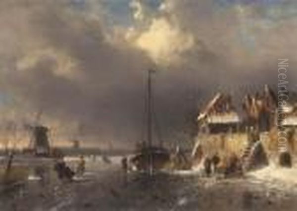 Skaters On A Frozen River Beside A Village Oil Painting by Charles Henri Leickert