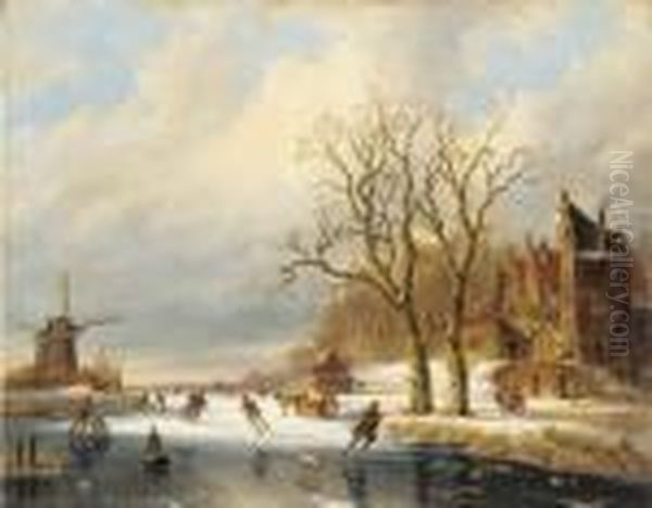 Skaters In A Winter Landscape Oil Painting by Charles Henri Leickert