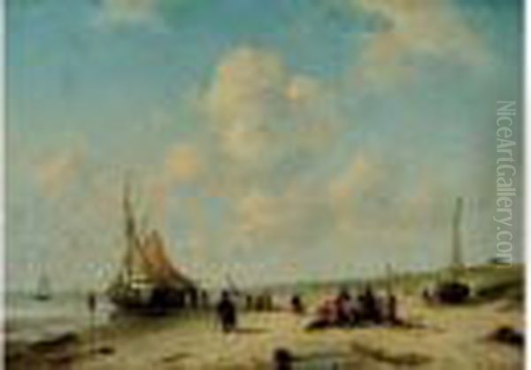 Bateaux Et Pecheurs A Maree Basse Oil Painting by Charles Henri Leickert