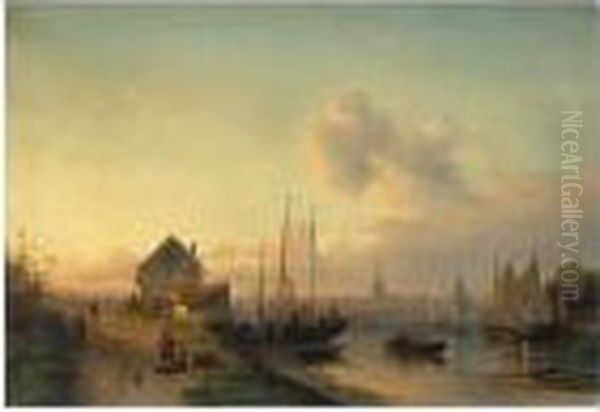 View Of A Town, Evening Oil Painting by Charles Henri Leickert