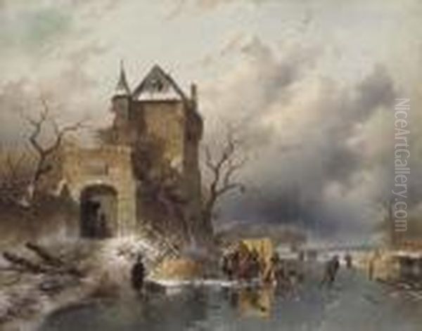 Skaters On A Frozen Lake By The Ruins Of A Castle Oil Painting by Charles Henri Leickert