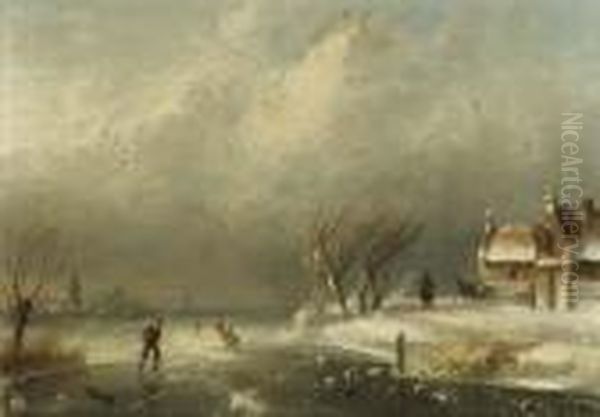 Figures Skating On A Frozen Waterway On A Windy Day Oil Painting by Charles Henri Leickert