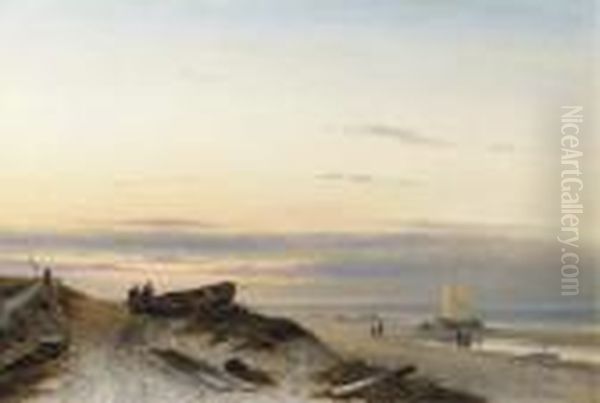 Fishermen On A Beach At Sunset Oil Painting by Charles Henri Leickert