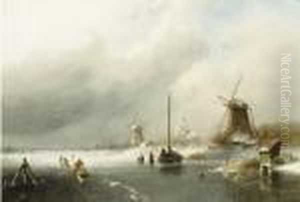 Figures On A Frozen River, With Windmills Beyond Oil Painting by Charles Henri Leickert