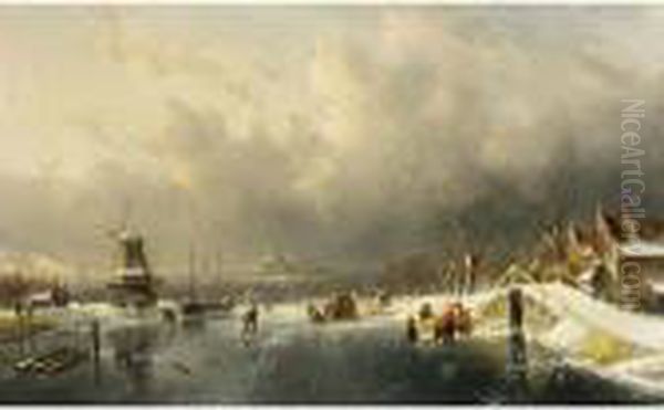 A Winter Landscape With Skaters, Haarlem In The Distance Oil Painting by Charles Henri Leickert