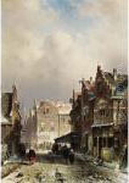 Villagers In The Streets Of A Wintry Town Oil Painting by Charles Henri Leickert