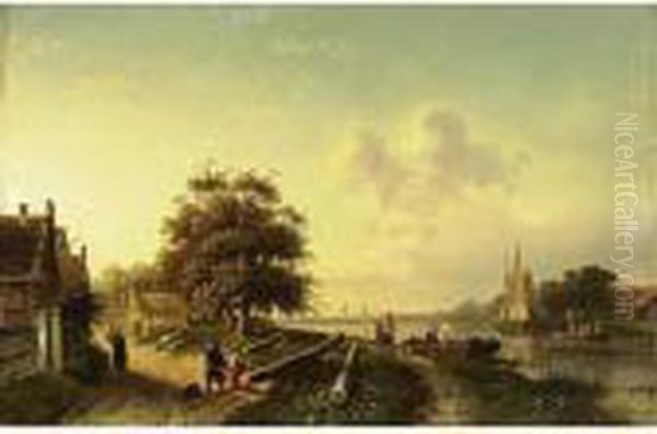 A River Landscape With Figures On A Country Road Oil Painting by Charles Henri Leickert