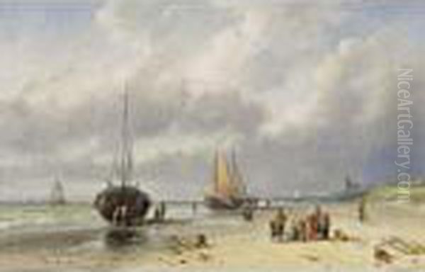 Fisherfolk On The Beach Oil Painting by Charles Henri Leickert