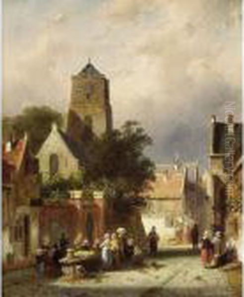 A Street Scene With Villagers By A Market Stall Oil Painting by Charles Henri Leickert