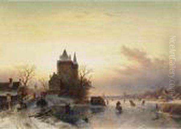 A Winter Landscape With Skaters On A Frozen River Oil Painting by Charles Henri Leickert