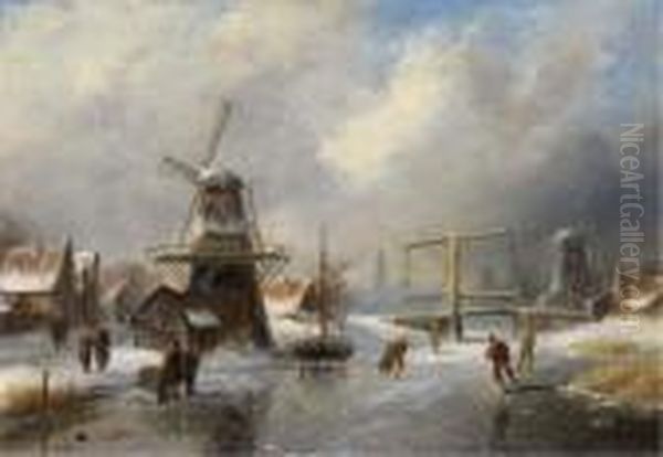 Overtoom Bij Amsterdam: Skaters On A Frozen Canal Oil Painting by Charles Henri Leickert