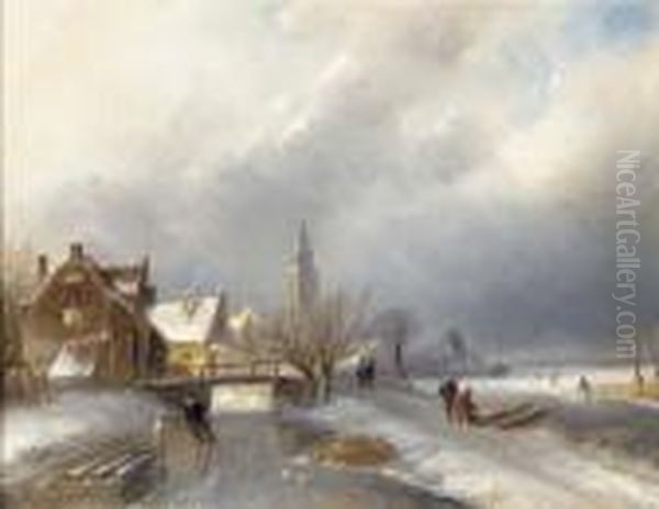 A Winter's Day With Skaters On The Ice Oil Painting by Charles Henri Leickert