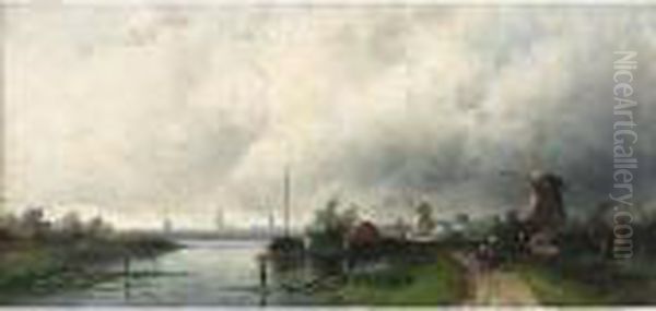 A Summer Landscape With Windmills Along A Waterway Oil Painting by Charles Henri Leickert