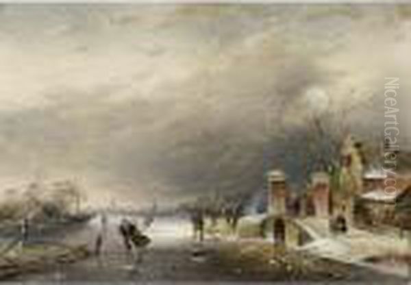 A Winter Landscape With Figures On A Frozen Waterway Oil Painting by Charles Henri Leickert